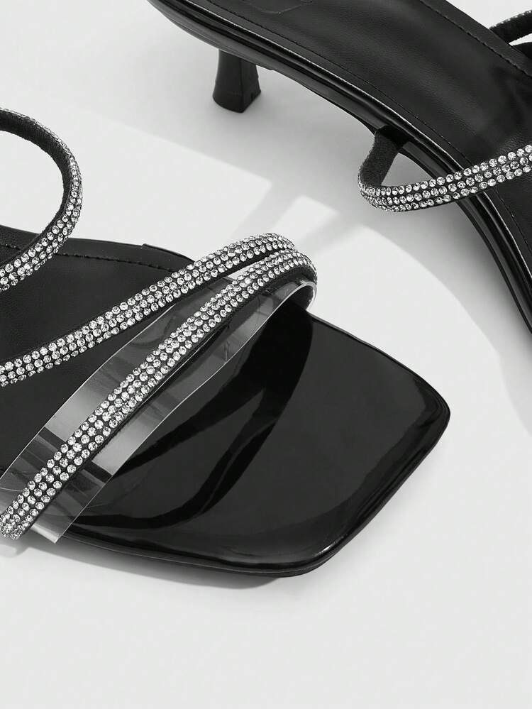 CUCCOO SZL Women Shoes Spring And Summer New Square-Headed Kitten With Black Rhinestone Strap Women's Medium Heel Sandals Slippers Simple, Fashionable And Comfortable Versatile Sexy Party Women's Sandals Women's Shoes