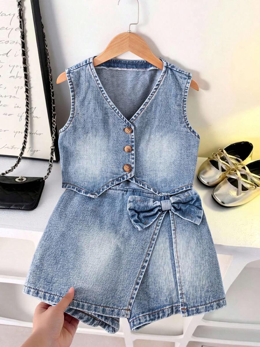 SHEIN 少女牛仔套装 夏季新品 少女风学院风 浅蓝色水洗牛仔V领纽扣短款上衣 松紧腰蝴蝶结装饰不对称裹身短裙 休闲舒适棉质牛仔套装 夏季度假风 早午餐约会 日常穿着 学校假期 夏季牛仔出游 春夏