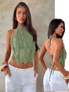 Aloruh New Sexy Backless Lace-Up Design Crop Top, Elegant Purple Layered Ruffle Decor Halter Backless Vest, Summer,Summer Top - Olive Green - View 2