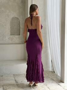 Aloruh Đầm ôm dáng màu tím lãng mạn với viền bèo nhún và dây buộc cổ dành cho nữ - Màu tím - Xem 2