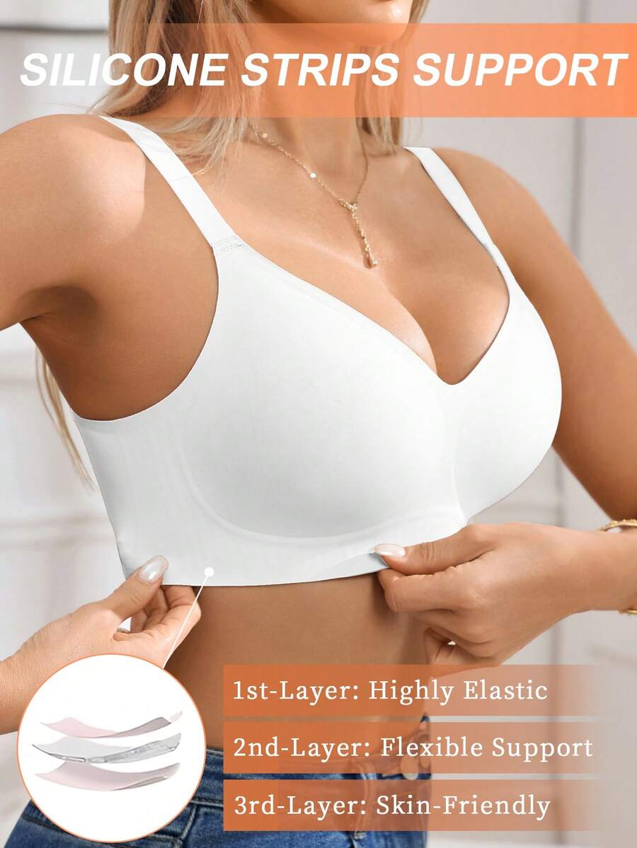 1 pieza Sujetador inalámbrico minimalista y cómodo de gel sin costuras para mujer con almohadillas extraíbles - Blanco - Ver 1