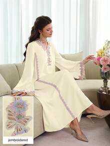 Yasmyna V-Neck Embroidered Applique Pink Relaxed Casual Long Sleeve Flared Elegant Robe - Apricot - View 8