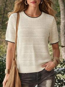 SHEIN Women's Hollow-Out Knit Short Sleeve Top - Apricot - View 1