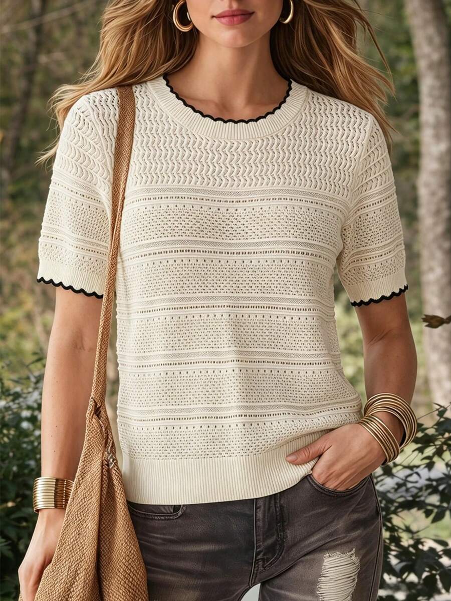 SHEIN Women's Hollow-Out Knit Short Sleeve Top - Apricot - View 1