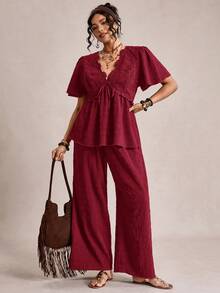 Freevana Plus Size Women's Solid V-Neck Ruched Short Sleeve Top And Wide Leg Pants Casual 2-Piece Set - Burgundy - View 5