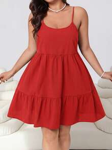 Solflare Red Plus Size Women's Ruffle Hem Spaghetti Strap Spring/Summer Dress - Red - View 3