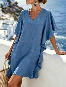 GlowEve CURVE Women's Plus-Size Dark Blue Loose-Fitting Straight-Cut Dress,Summer Casual Beach Holiday V-Neck Ruffled Puff Sleeves Simple Versatile Resort Look - Blue - View 7