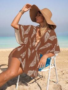 Swim Lushoire 1 buah Baju Penutup Tubuh Wanita Berbahan Jala dengan Motif Daun, Pakaian Kasual untuk Pantai, Kolam Renang, dan Resor, Musim Semi/Panas - Coffee Brown - View 6