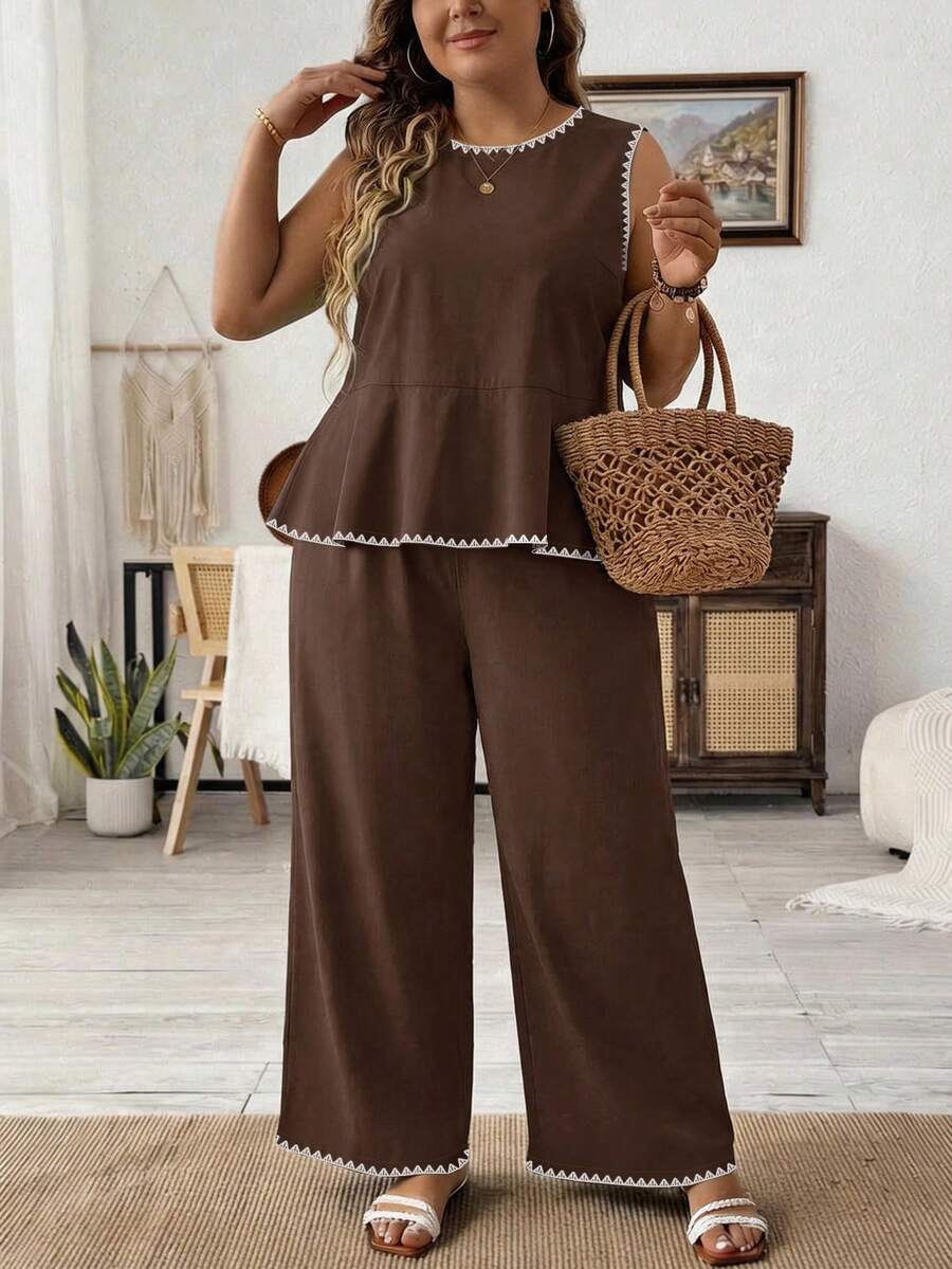 SHEIN LUNE Ensemble 2 pièces pour femmes grande taille marron chocolat, Fête des Mères, style décontracté chic d'été pour tous les jours, débardeur à col rond avec volants & pantalon imprimé ample à jambes larges