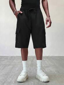STYNVO Men's Solid Color Drawstring Waist Loose Casual Cargo Shorts - Black - View 3