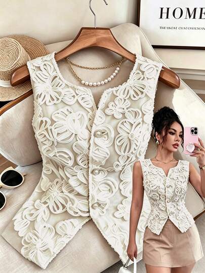 SHEIN Raffinéa Women's Fashion Resort 3D Floral & Faux Pearl Button Camisole, Suitable For Dates Pearl Button Top Womens Elegant Top Sleeveless Lace Top Bride Blouse For Women Elegant Classy White Outfits For Women Latest Tops For Women New Arrivals Wedding Guest Elegant Top For Woman Blouse For Women