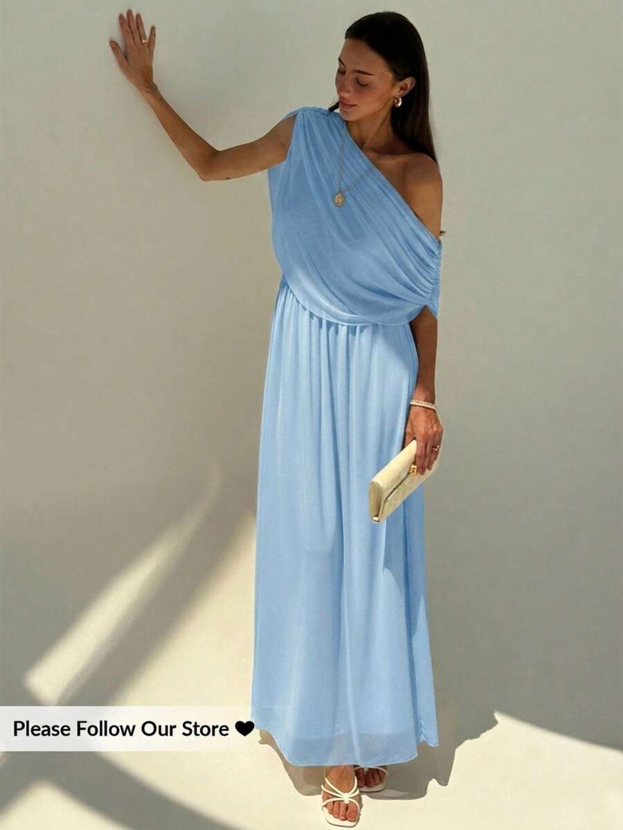 Aloruh Draped Shoulder Ruffle Decor Slim Fit Extra Long Flowy Maxi Dress,Light Blue Summer Elegant Vacation Wedding Guest Cocktail Holiday Party Lightweight - Baby Blue - View 1