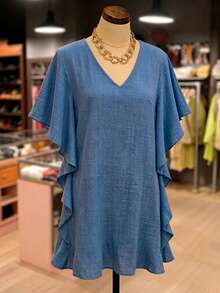 GlowEve CURVE Women's Plus-Size Dark Blue Loose-Fitting Straight-Cut Dress,Summer Casual Beach Holiday V-Neck Ruffled Puff Sleeves Simple Versatile Resort Look - Blue - View 3