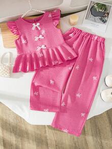Elladie kids 2pcs/Set Tenue d'été assortie pour filles en bas âge, rose clair, pour vacances en famille, chemise à col rond avec nœud papillon, broderie, imprimé, manches volantées et ourlet à volants & short - Rose vif - Voir 4