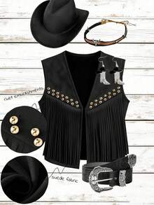 Yalmera Women's Suede Fringe Rivet Decor Boho Casual Jacket, Versatile For Daily, Vacation, Business, Beige, Sleeveless, Early Spring/Spring & Summer - Black - View 12