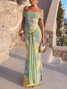 Lumalex Vestido de sirena elegante y sexy para vacaciones con diseño ajustado de cintura, hombros descubiertos y decoración de hebilla metálica, primavera/verano - Multicolor - Ver 2