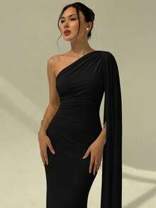 Aloruh Romantic Elegant Ruched Waist Tie Neck Fitted Mermaid Dress,Dresses For Women Summer - Black - View 3