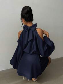 Aloruh Women's New Arrival Solid Color Long Sleeve Mini Dress, Lantern Design A-Line Party Night Out Date Afternoon Tea Autumn/Winter Navy Blue Elegant - Navy Blue - View 5