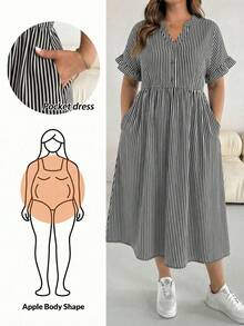 SHEIN Essnce Casual Vacation Nautical Striped Print Plus Size Women's Short Sleeve Dress, Suitable For Spring & Summer - Multicolor - View 1