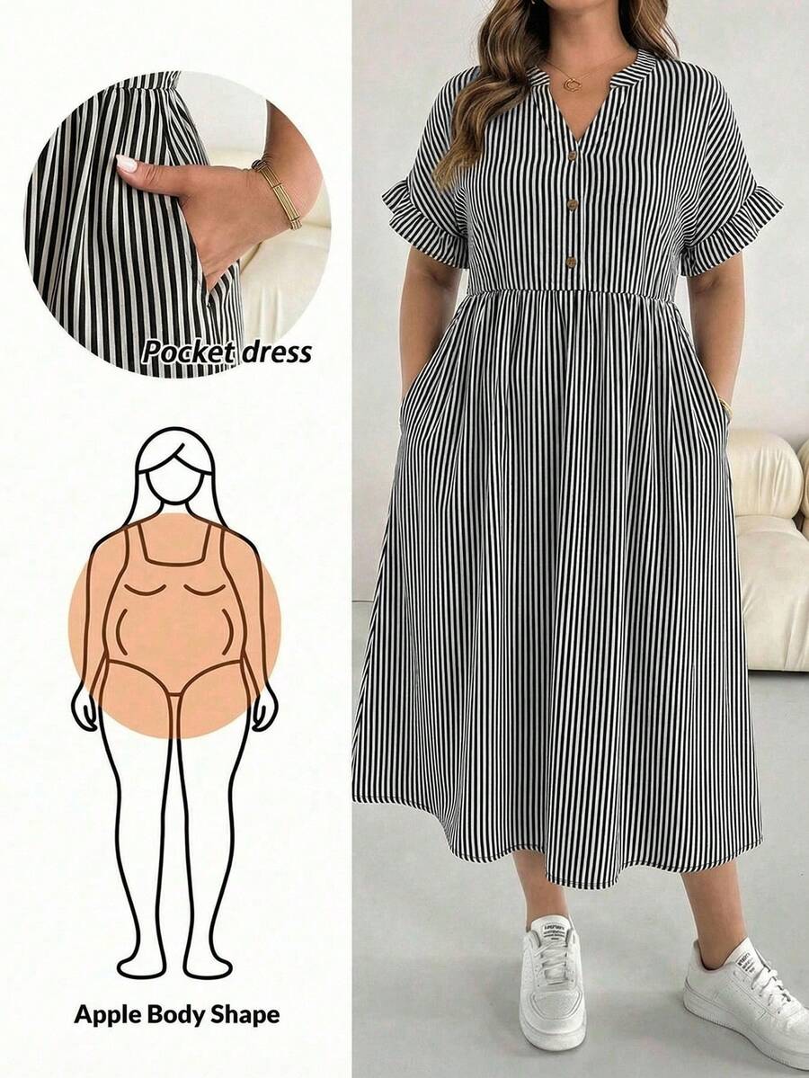 SHEIN Essnce Casual Vacation Nautical Striped Print Plus Size Women's Short Sleeve Dress, Suitable For Spring & Summer - Multicolor - View 1