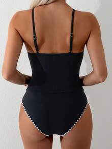 Swim Lushoire Bộ bikini hai mảnh màu đen trơn, kiểu dáng thoải mái, thích hợp cho kỳ nghỉ hè, đi biển, có dây đeo điều chỉnh được, viền hoa. - màu đen - Xem 2