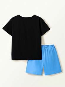 Casuvi Kids 男童可爱小熊印花T恤和工装短裤两件套，舒适休闲日常穿着，春夏款 - 藍色 - 查看 2