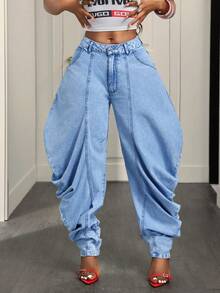 SHEIN BamGlam Quần jean denim nữ kiểu dáng thường ngày - Màu xanh lam - Xem 5
