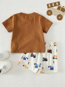 Cozy Pixies 2件套婴儿/幼儿可爱卡通针织柔软舒适夏季T恤和短裤套装，休闲装 - 卡其色 - 查看 2