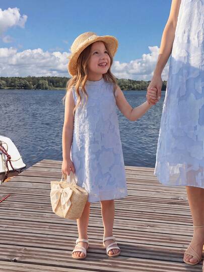 SHEIN Glamorique Kids Đầm không tay thanh lịch cho bé gái, đầm mùa hè, thích hợp cho đi chơi hàng ngày, kỳ nghỉ, tiệc sinh nhật.