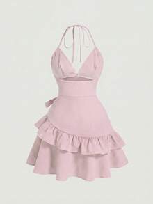 SHEIN MOD Đầm ngắn mùa hè cho nữ, cổ yếm, dây mảnh, bèo nhún, buộc dây và trang trí tua rua. - Màu Hồng baby - Xem 4