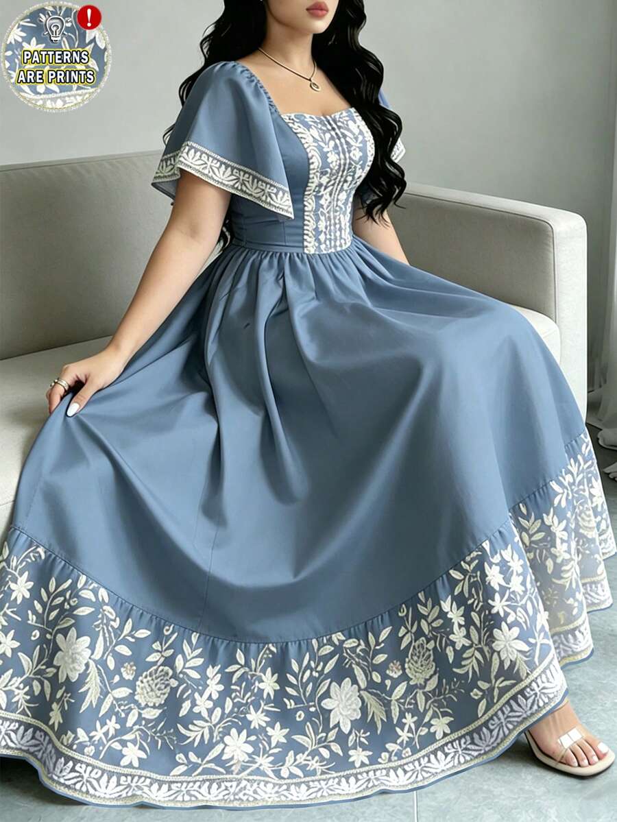 Modelyn 印花时尚方领短袖连衣裙，夏季收腰中长连衣裙，印花黑色长裙 - 彩色 - 查看 1