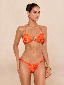 Lumalex Falda larga estampada con flores y accesorios de metal con diseño de sirena, adecuada para playa y resort con bikini - Naranja - Ver 9