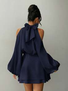 Aloruh Women's New Arrival Solid Color Long Sleeve Mini Dress, Lantern Design A-Line Party Night Out Date Afternoon Tea Autumn/Winter Navy Blue Elegant - Navy Blue - View 2