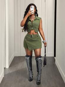 BamGleam 女士休闲牛仔套装 - 軍綠色 - 查看 4