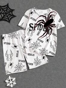 1 Set Pijama de Moda Casual Minimalista para Adolescentes Varones con Estampado de Araña y Letras, Cuello Redondo, Manga Corta y Pantalón Corto de Tela Elástica - Negro - Ver 3