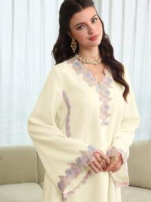 Yasmyna V-Neck Embroidered Applique Pink Relaxed Casual Long Sleeve Flared Elegant Robe - Apricot - View 2