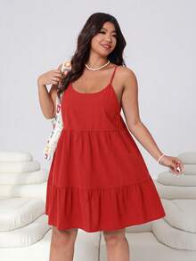 Solflare Red Plus Size Women's Ruffle Hem Spaghetti Strap Spring/Summer Dress - Red - View 4