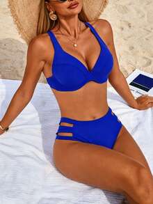 SHEIN Swim Solid Color Bikini Set, Underwire High Waisted Two Pieces Swimwear Bathing Suit Beach Outfit Summer Vacation,Summer Beach - Royal Blue - View 2
