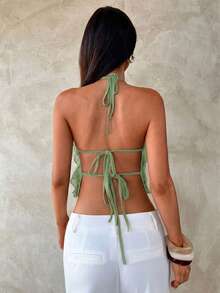 Aloruh New Sexy Backless Lace-Up Design Crop Top, Elegant Purple Layered Ruffle Decor Halter Backless Vest, Summer,Summer Top - Olive Green - View 7