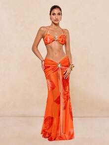 Lumalex Falda larga estampada con flores y accesorios de metal con diseño de sirena, adecuada para playa y resort con bikini - Naranja - Ver 6