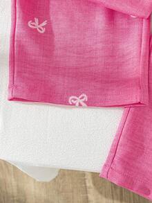 Elladie kids 2pcs/Set Tenue d'été assortie pour filles en bas âge, rose clair, pour vacances en famille, chemise à col rond avec nœud papillon, broderie, imprimé, manches volantées et ourlet à volants & short - Rose vif - Voir 5