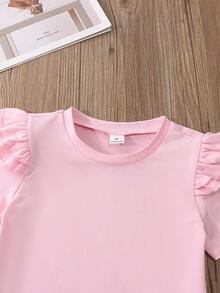 Elladie kids 新款4-7岁女童春夏圆领短袖T恤和牛仔背带裤套装，刺绣贴片设计，适合休闲、度假、上学、户外活动 - 粉色 - 查看 8
