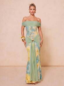 Lumalex Vestido de sirena elegante y sexy para vacaciones con diseño ajustado de cintura, hombros descubiertos y decoración de hebilla metálica, primavera/verano - Multicolor - Ver 4