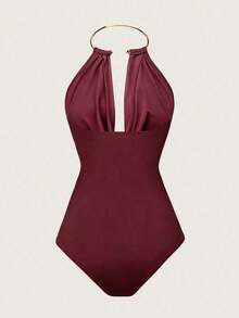 Rafferiza Women's Summer New Sexy Mature Style Brown Metal Collar Bodysuit, Made Of Smooth Draping Fabric, Paired With Metal Collar Ring, Chest Draped Pleats And Fitted Bodysuit Silhouette, Combining Sophistication And Sexy Charm, Suitable For Parties, Dates Or Semi-Formal Occasions, A Versatile Piece In The Category Of Mature Style Collar Bodysuit, Brown Metal Decor Outfit, And Fitted Slimming Chic Item. - Burgundy - View 2