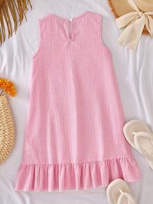 Tween Girls' Spring/Summer Vacation Nordic Casual Everyday Commute Round Neck Sleeveless Ruffle Hem Doll Dress, Striped Woven Linen Dress - Pink - View 6