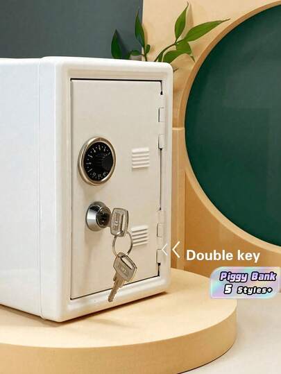 1pc All-Metal Password Piggy Bank With Built-In Removable Coin Box + Two Keys, Simple White Password Key Double-Locked Metal Piggy Bank Birthday Gift