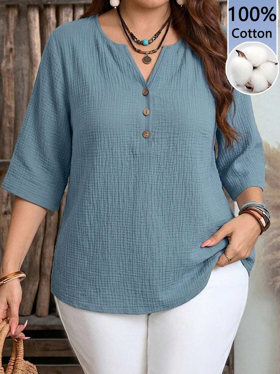 Áo sơ mi nữ tay lỡ 3/4, chất liệu vải nhăn hai lớp, màu xanh dương, thích hợp cho mùa xuân và hè. - Màu xanh lam - Xem 1