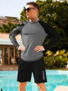 Manfinity KASUA Conjunto de 2 piezas de camiseta de manga raglán y pantalones cortos de natación para hombre, camiseta de natación con protección solar, vacaciones - Multicolor - Ver 4