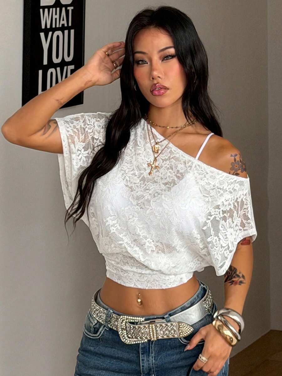 Coolane Áo croptop nữ mùa xuân/hè phong cách đường phố giản dị, thanh lịch, cổ điển, boho, cơ bản, trễ vai, tay áo cánh dơi, dáng rộng, chất liệu dệt kim xếp ly. - trắng - Xem 1