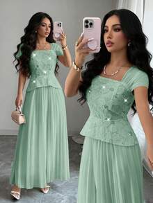 Modelyn French Square Collar Delicate Beaded Embroidery Patchwork Fitted Pleated Short Sleeve Elegant Dress - Green - View 2